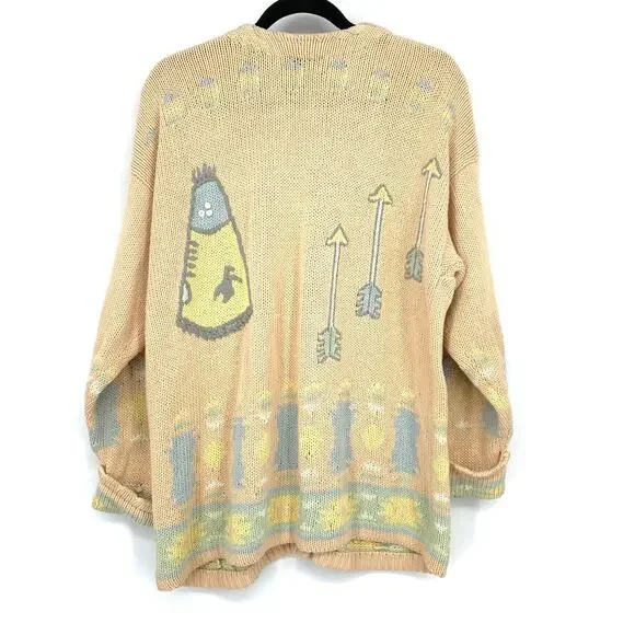 Vintage Chaus Sport V-Neck Cardigan Sweater Womens Sz M Peach Teepee Arrow Print - Picture 2 of 6